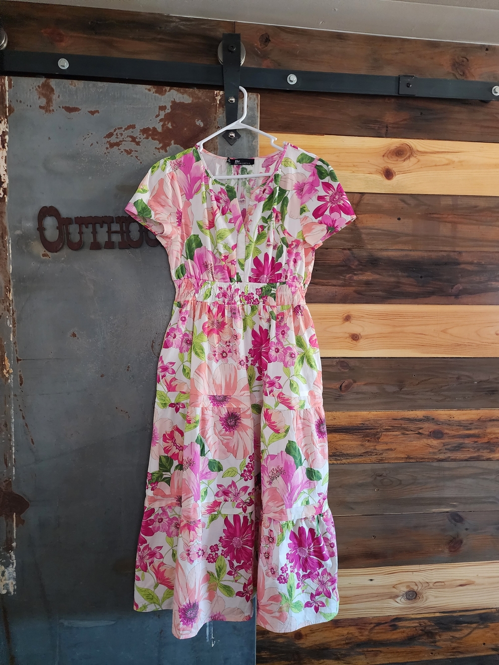 Floral Pink Midi Dress with Elastic Waist
